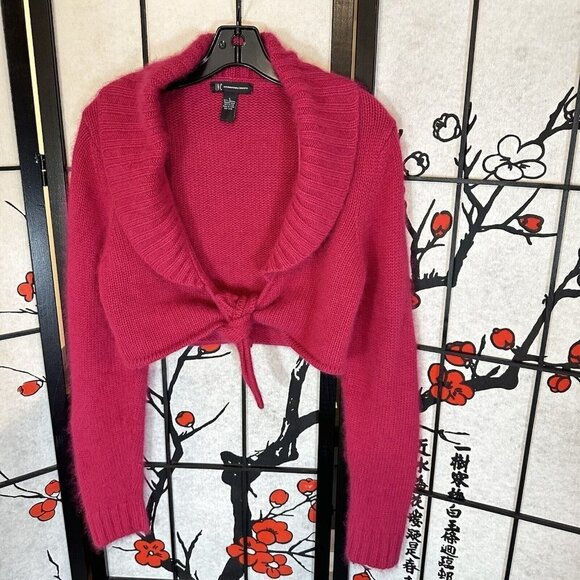 INC International Concepts Crop Tie Front Cardigan Sweater Angora Sz L Y2K Pink - Picture 5 of 5